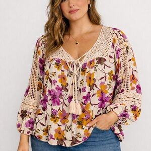 Floral Crochet Trim Blouse